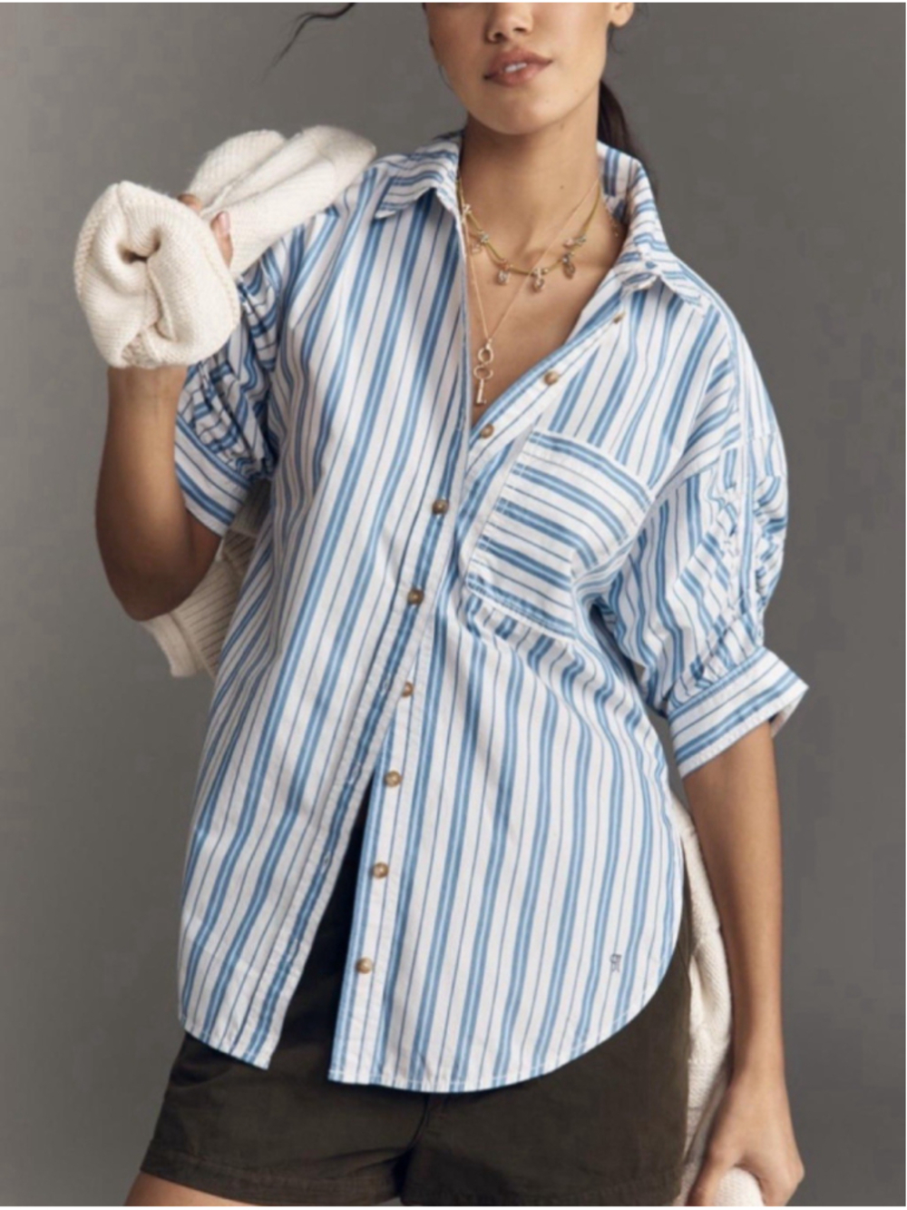 Pilcro Anthropologie Poplin Ruched Sleeve Button-Down Top Blue Stripe S NEW